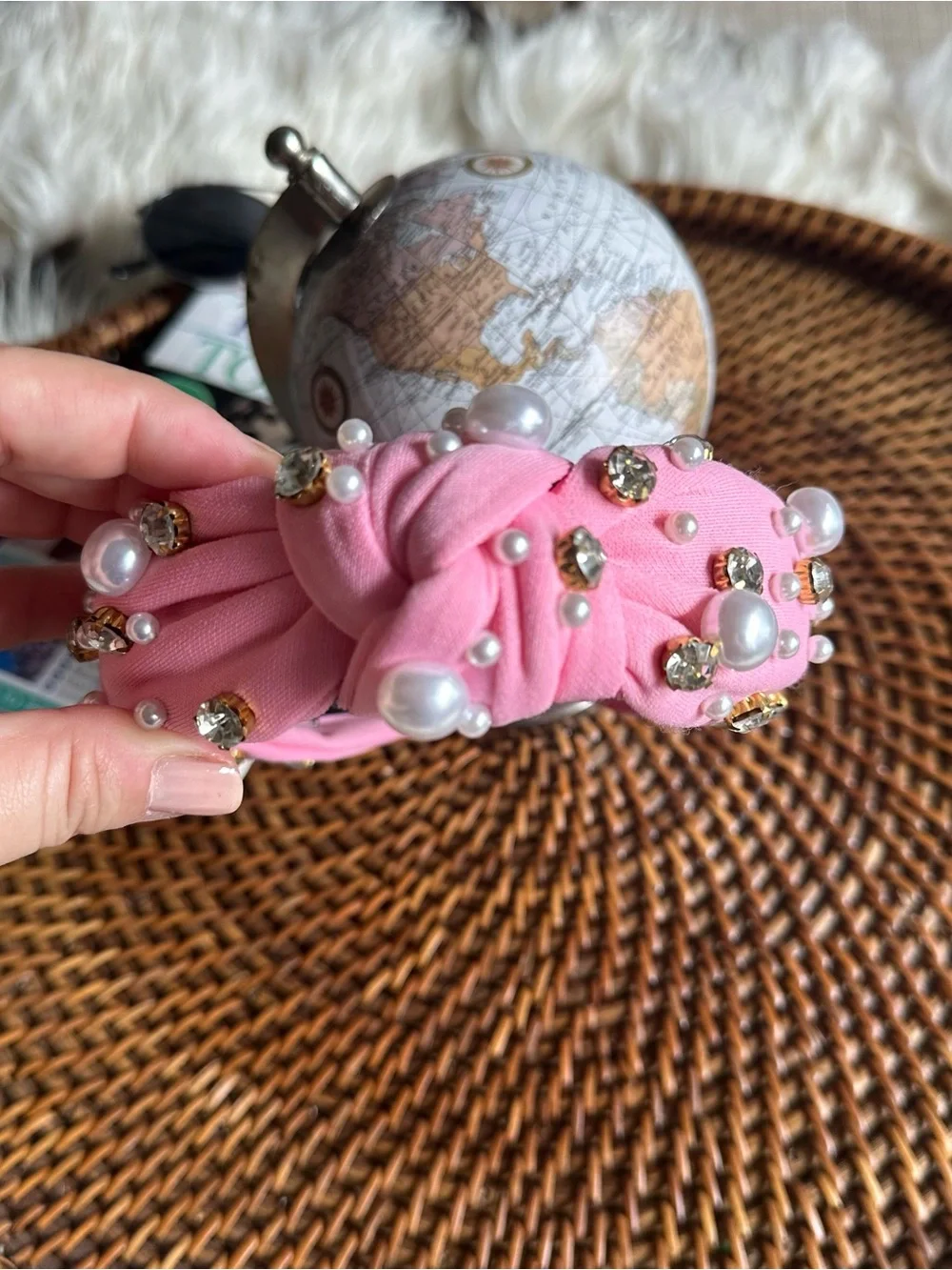Embellished Knotted Pink Headband with Pearls and Rhinestones